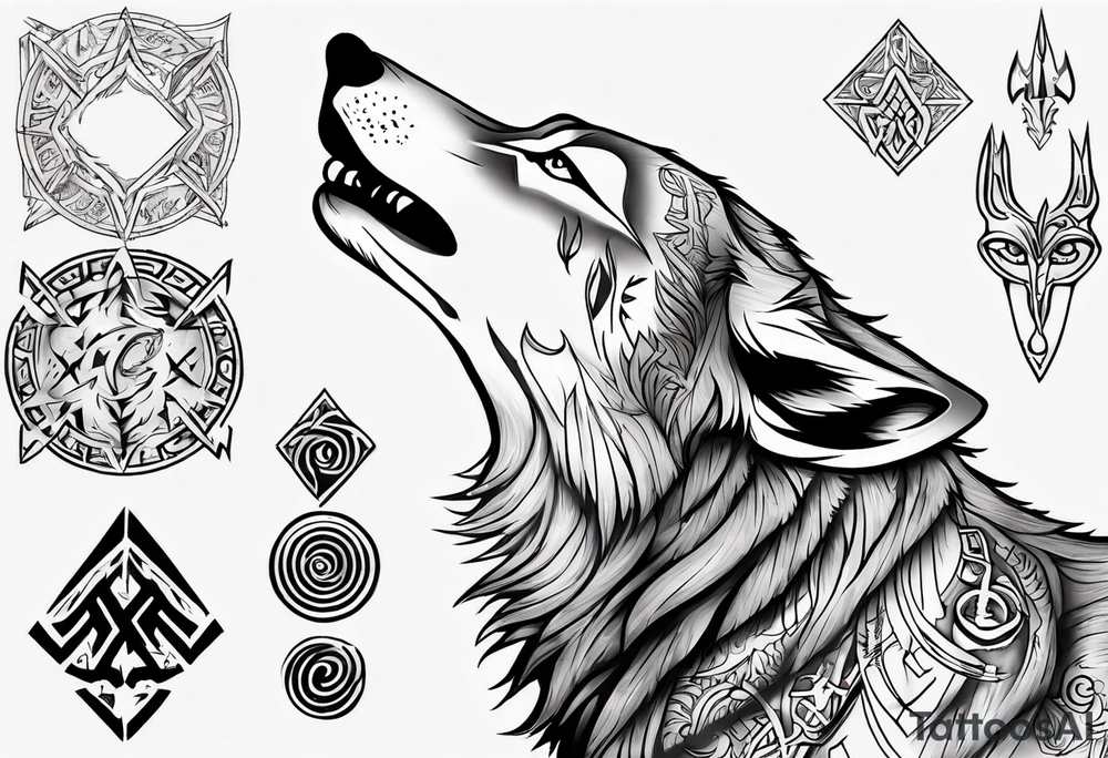 Wolf  howling with Norse symbols, a bit of Māori tattooing and my nanas name joy tattoo idea