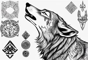 Wolf  howling with Norse symbols, a bit of Māori tattooing and my nanas name joy tattoo idea