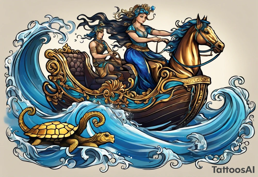 in the middle there are sea horses pulling a chariot. on the upper right is a blue nose and a rock sourrounded by water, on the upper left is a turtle with a golden shell and on the bottom is a ribbon with a sparrow on each side holding it up tattoo idea