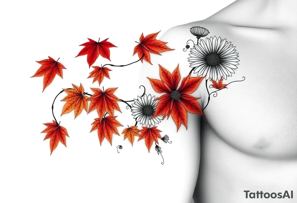 Create a vine with Maple leaves in red, orange and brown and gerbera daisies connected with thin swirly lines. Add in a dandelion wish and a dragonfly tattoo idea