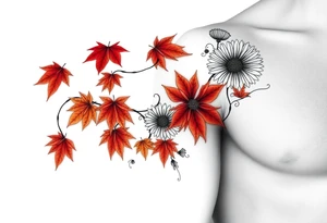 Create a vine with Maple leaves in red, orange and brown and gerbera daisies connected with thin swirly lines. Add in a dandelion wish and a dragonfly tattoo idea