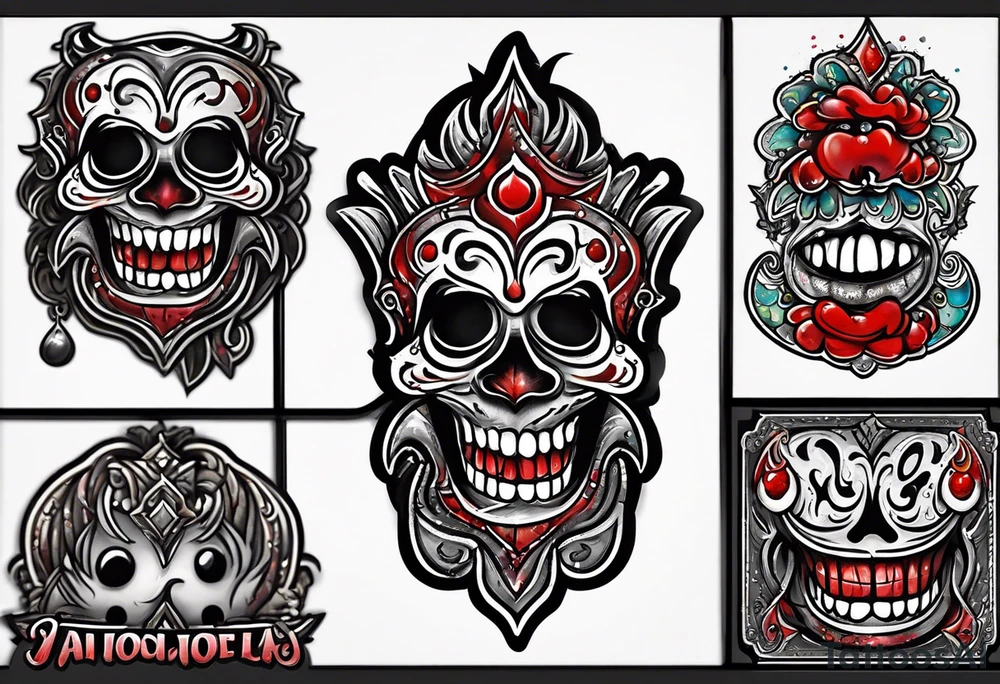 Smile face pin with a drop of blood on it.  Words under it say it's all a joke tattoo idea