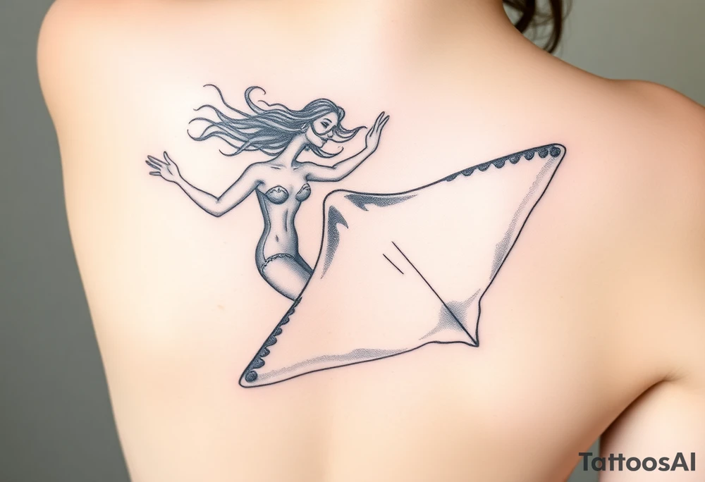 Freediving Woman with a mobula ray in the Open sea tattoo idea