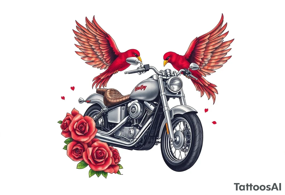 Harley grey motorcycle driving away, two red birds flying, roses, flames,angel wings tattoo idea