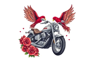 Harley grey motorcycle driving away, two red birds flying, roses, flames,angel wings tattoo idea
