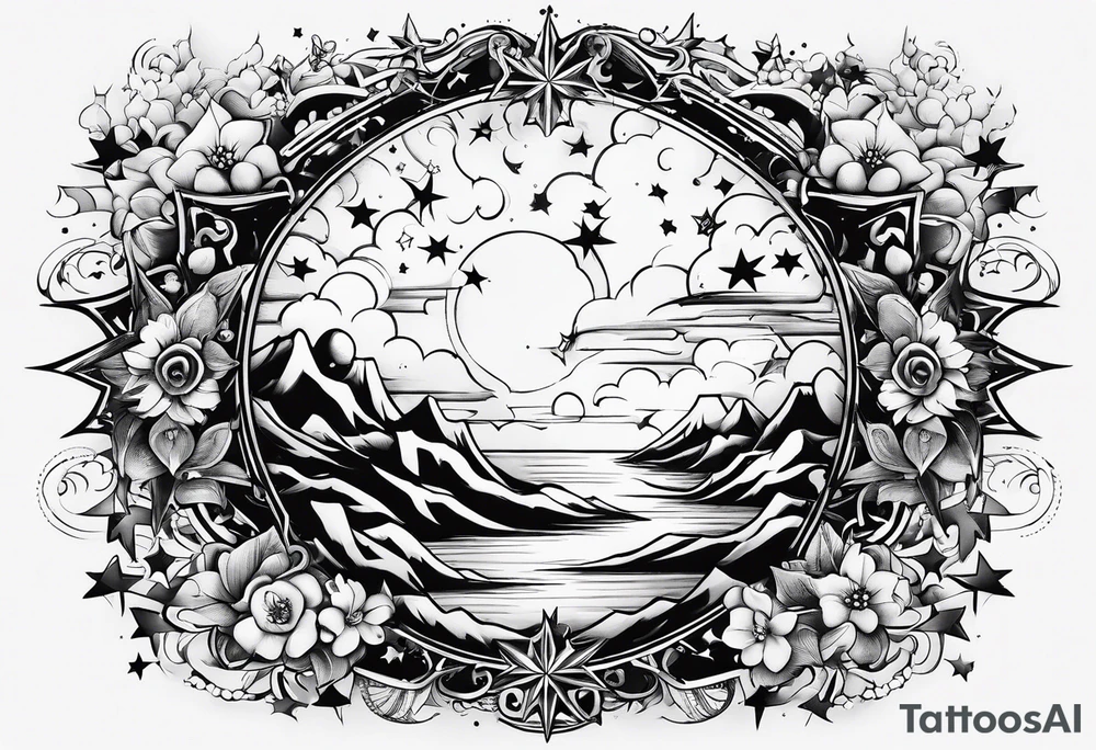 the letters tdm with different sized stars and clouds for shading tattoo idea