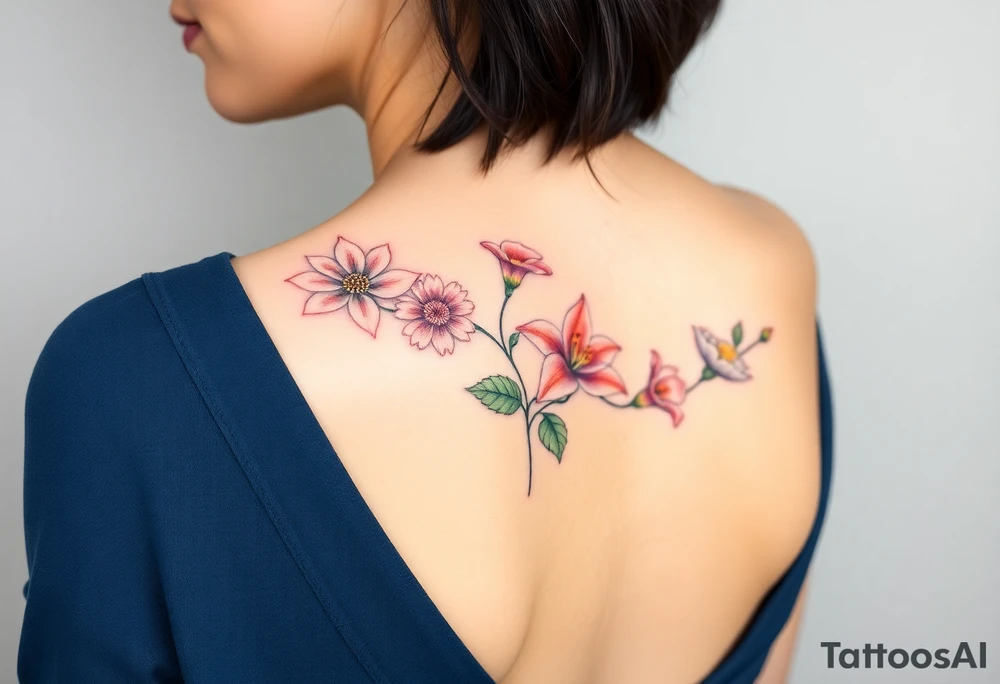 This tattoo is on a woman. It is a line of flowers connected by a single stem. It starts on her left side of the chest with a Glaiolus and Daisy together, then the tatoo rises over the left shoulder and down the arm and ends at the elbow. The tattoo will include a primrose, Calla Lily, and a Lilly. It will be light on color except in the petals and has light shading to make it pop. tattoo idea