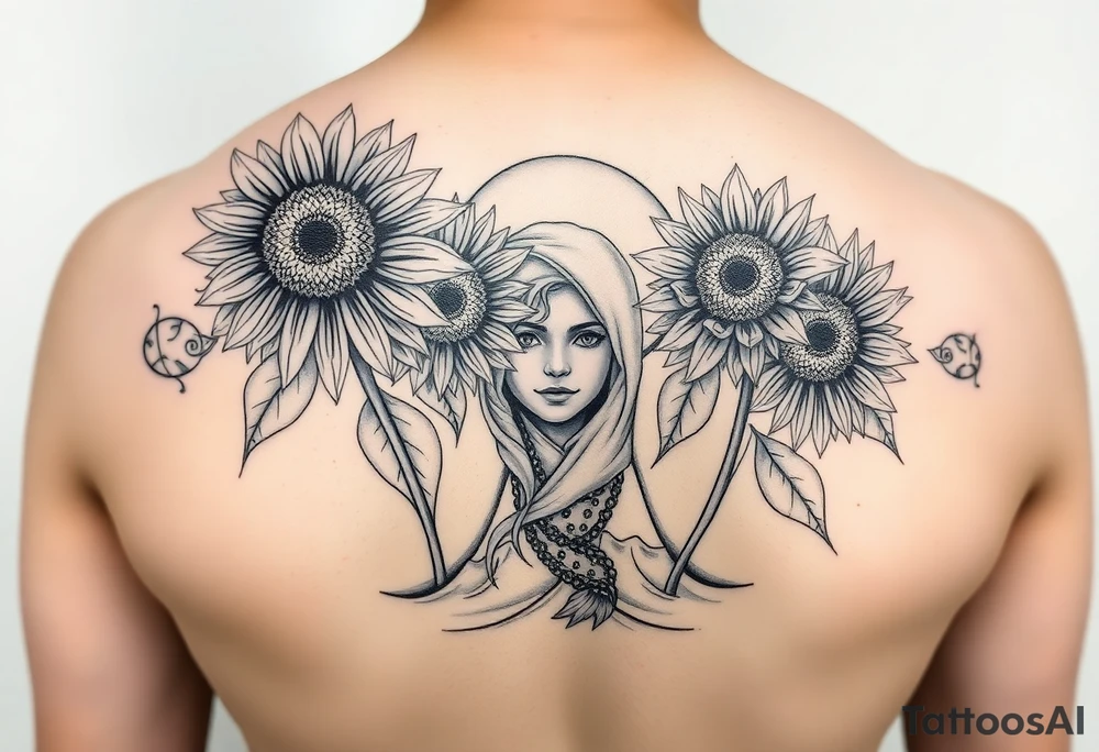 Sunflowers emerging from ocean with faceless girl tattoo idea