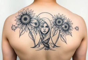 Sunflowers emerging from ocean with faceless girl tattoo idea