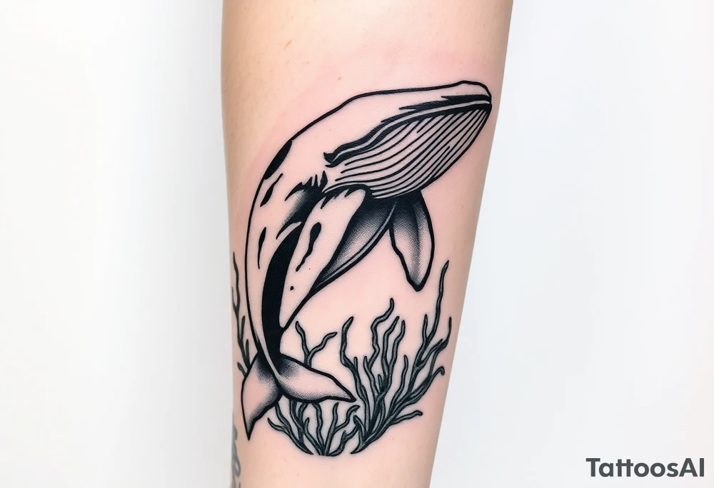 Forearm design, size = most of forearm.   Illustrative B/W with mix of heavy and light linework, detail, shading and artistic styling.   Humpback whale that is breaching.  Kelp underwater framing whale as it emerges. tattoo idea