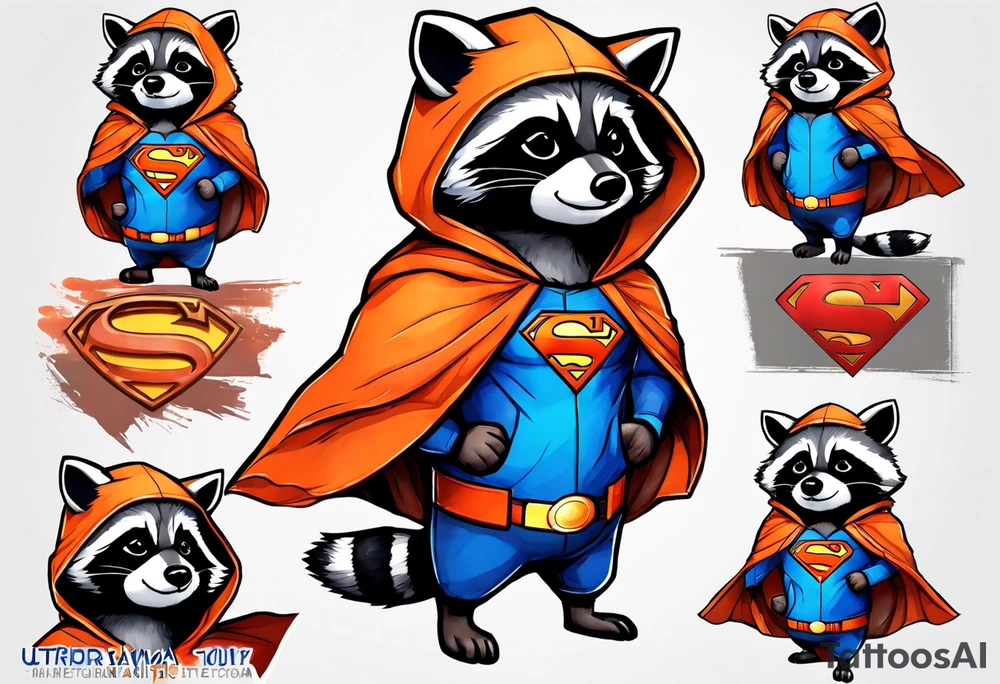 Raccoon wearing an orange Superman hoodie tattoo idea