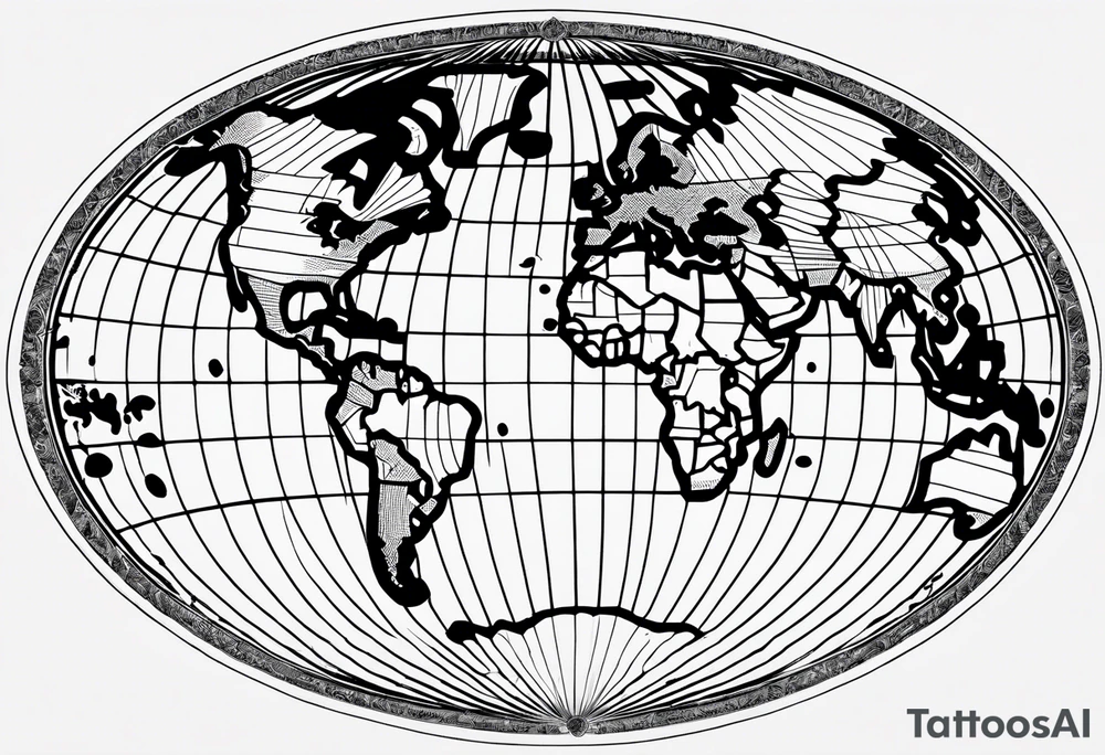 the earth on a flat map with no shading placed on a grid with only the lines with accurate depictions of the borders in countries while having it in an oval/circular position on a grid without any borders on the sides while having the countries not have such bold borders tattoo idea