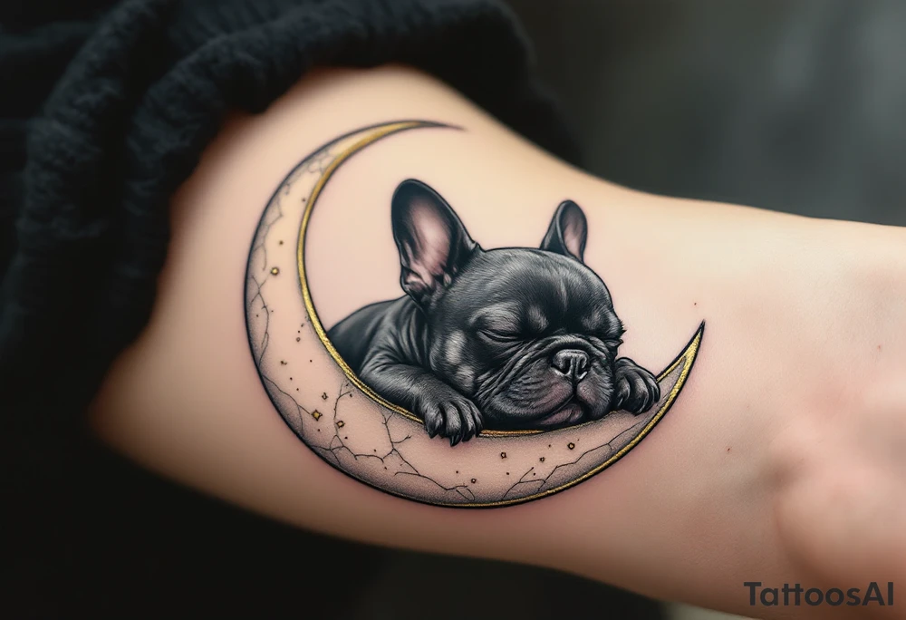Sleeping French Bulldog on a crescent moon, dreamy pose in black and gray ink, with gold accents on the moon edges. tattoo idea