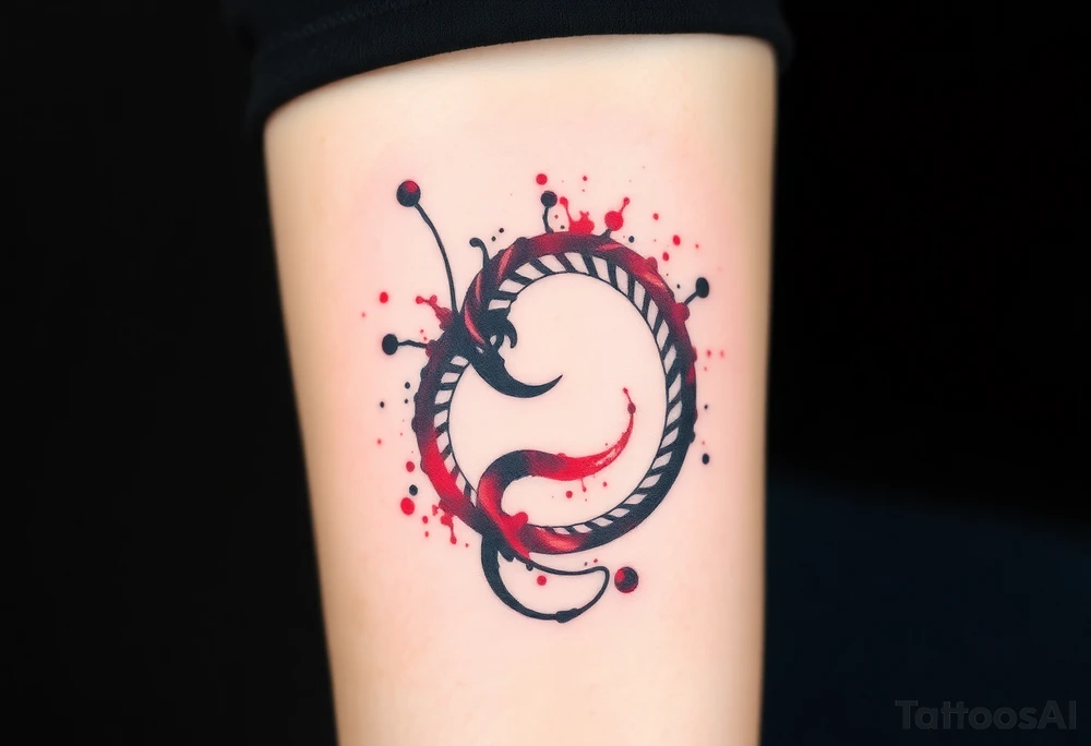 An ink-splattered Ouroboros, appearing as if it was painted in bold brush strokes of deep red and black, symbolizing artistic chaos and creation. tattoo idea