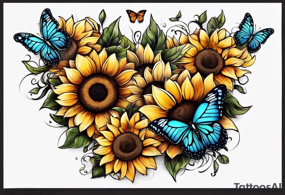 Arm sleeve with sunflowers and butterflies tattoo idea