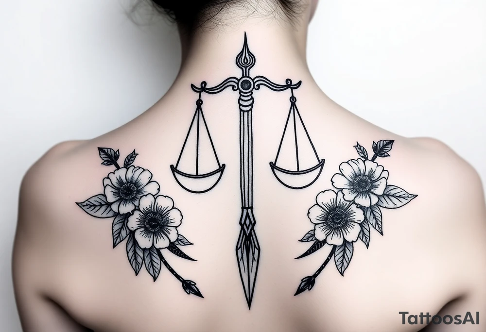 powerful Libra with flowers and spears from Nunavut and representing pain, anger love and healing for front of neck tattoo idea