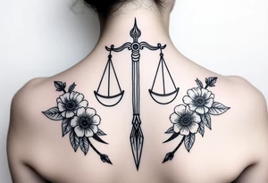 powerful Libra with flowers and spears from Nunavut and representing pain, anger love and healing for front of neck tattoo idea