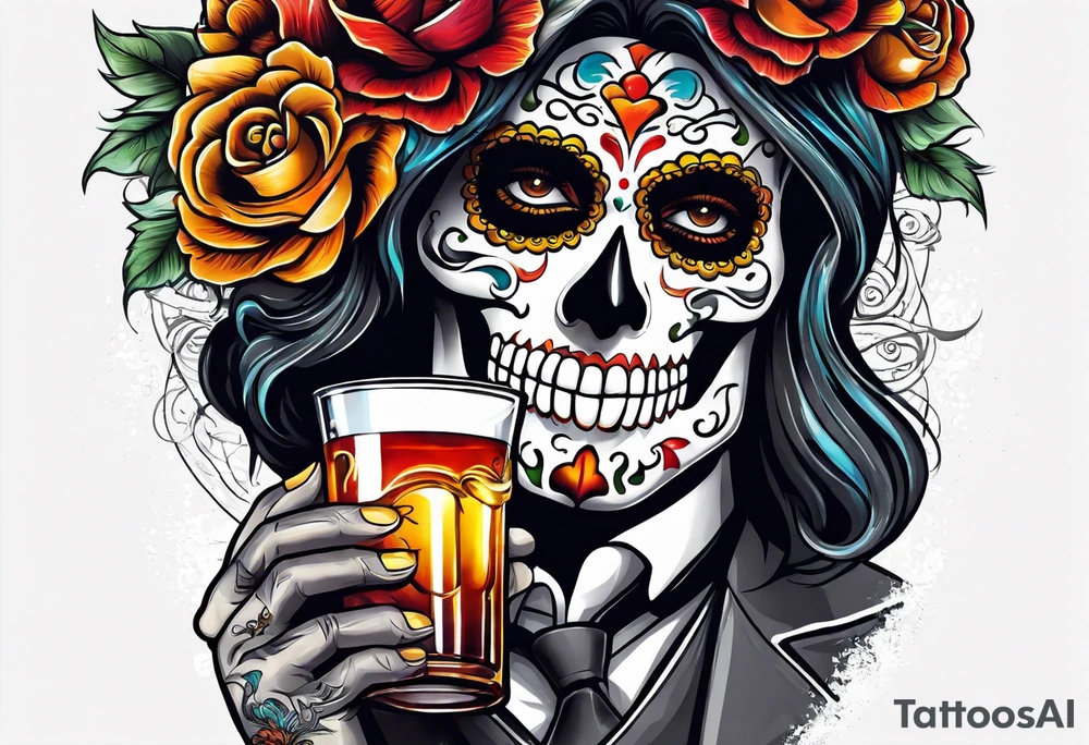 day of dead,man,standing,drink,horizontal,cover up tattoo idea