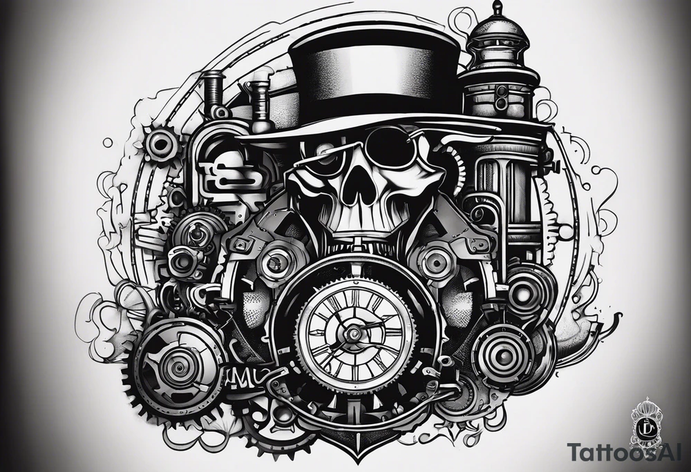 Powerful phantom like powered by an engine featuring an "steampunk desing" in the image appears a psiton and a turbo, also the dseign must be vertical. Also, the desing must be minimalistic not saturated. tattoo idea