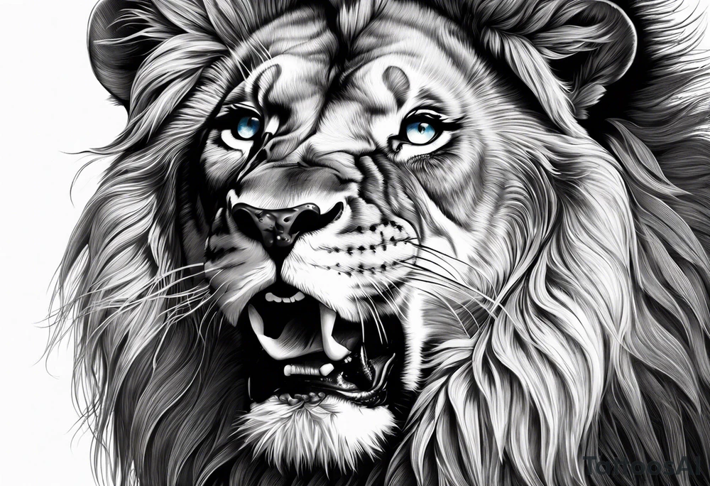 Lion roaring blue eyes black and white tattoo idea