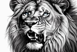 Lion roaring blue eyes black and white tattoo idea