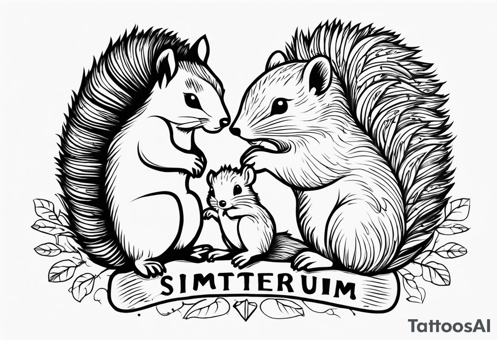 Draw a squirrel and an hedgehog accompanied by the writing “simul in aeternum” tattoo idea