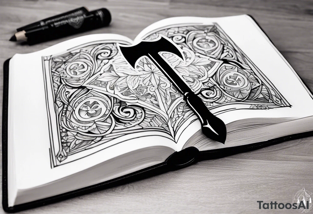 An opened bible with a battle Axe tattoo idea