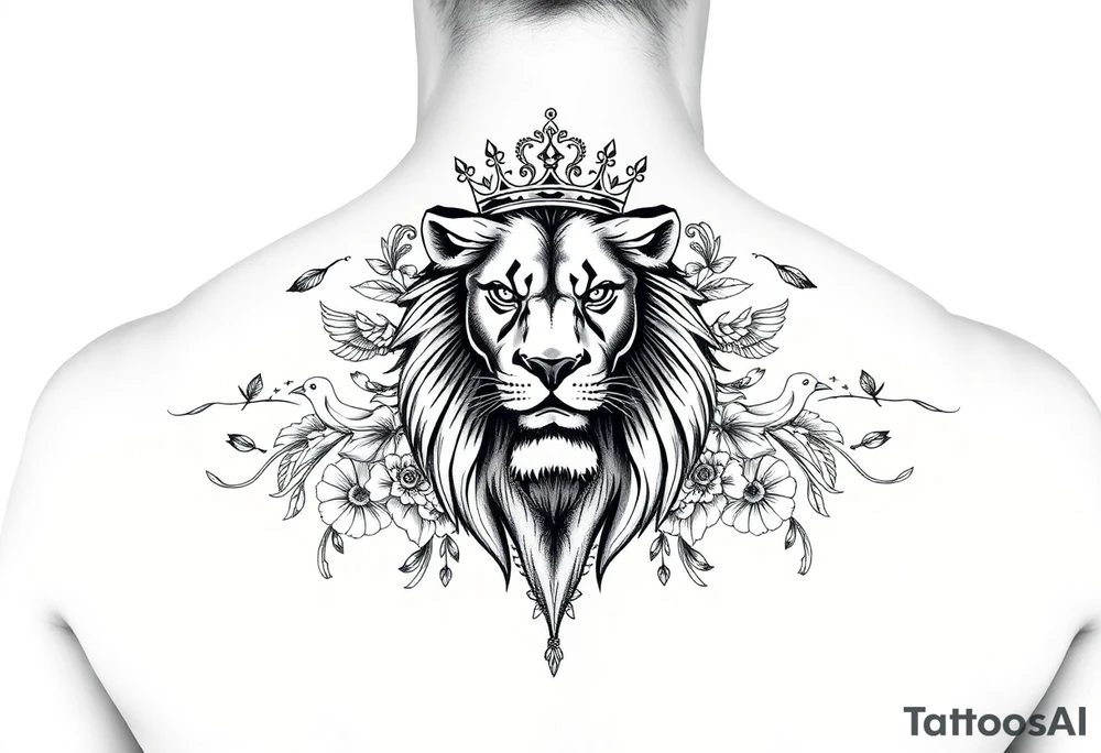 powerful majestic lion with a crown, surrounded by floral ornaments and birds tattoo idea