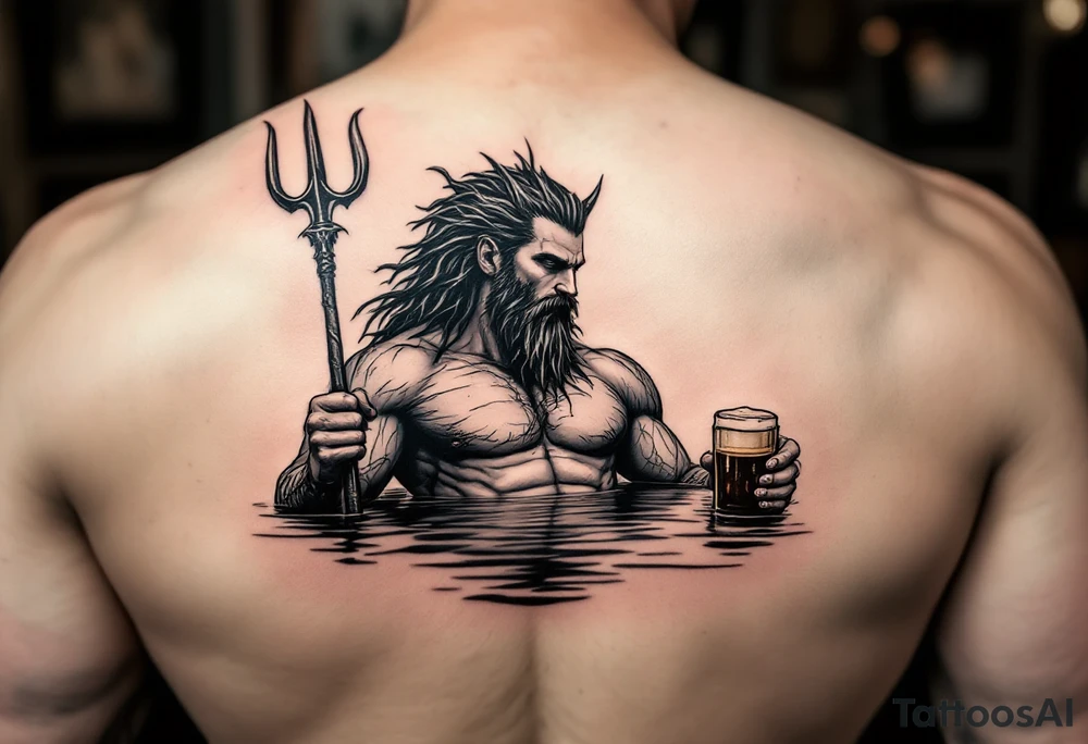 young, fit poseidon in calm water, holding a trident, drinking a beer tattoo idea
