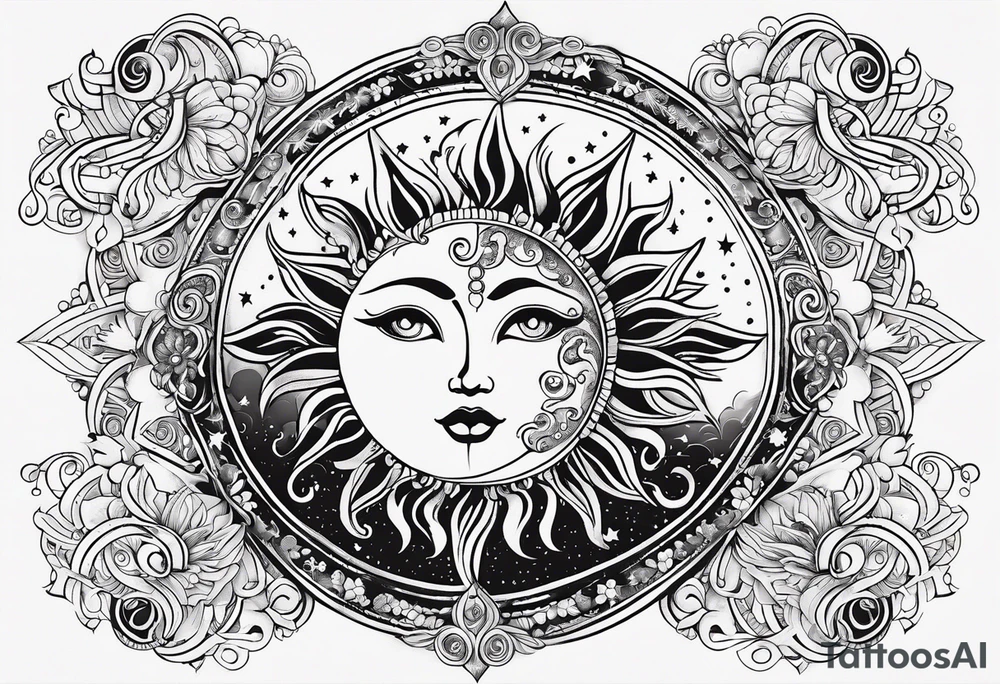 Feminine Sun and moon. long rectangular sternum swirls with dots and stars tattoo idea