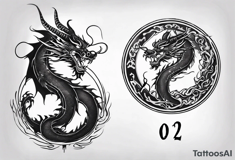 Chinese dragon in a circular shape with "02.03" written on its skin tattoo idea