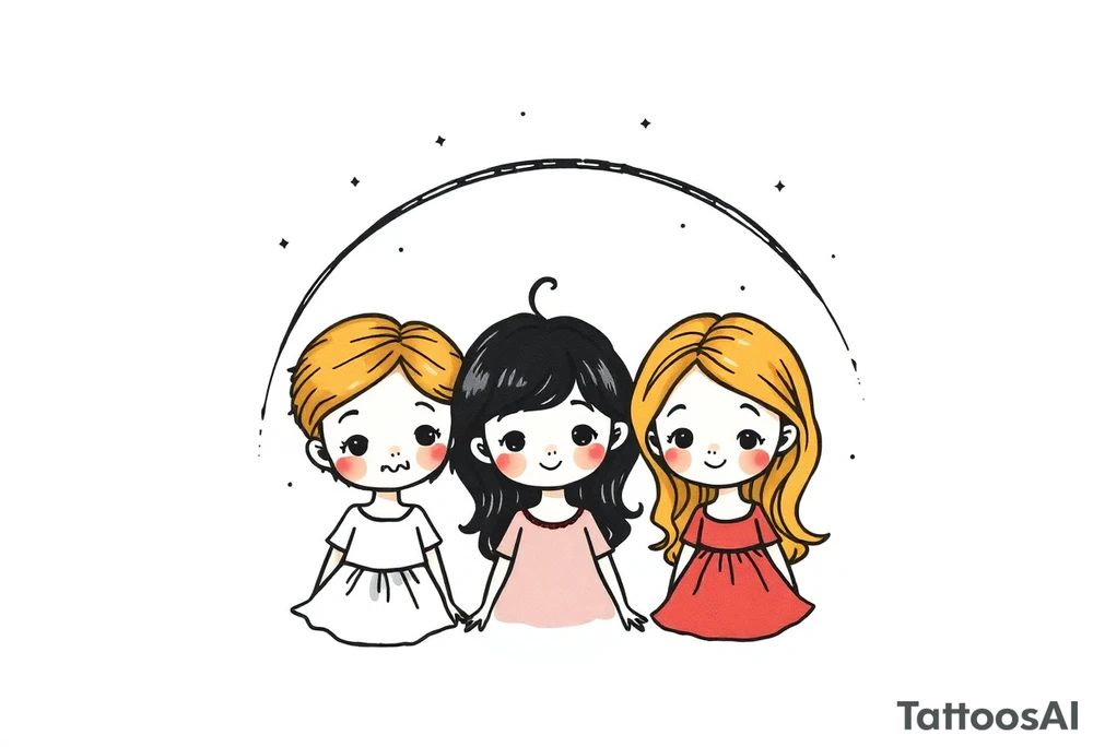 3 petites filles ( une cheveux noir et deux blondes)
sous un arc en ciel incomplet tattoo idea