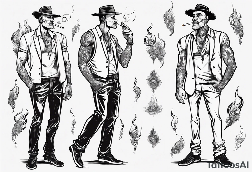 One handsome full-length man without a hat, with earrings in his ears stands smoking a cigarette tattoo idea