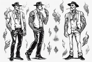 One handsome full-length man without a hat, with earrings in his ears stands smoking a cigarette tattoo idea