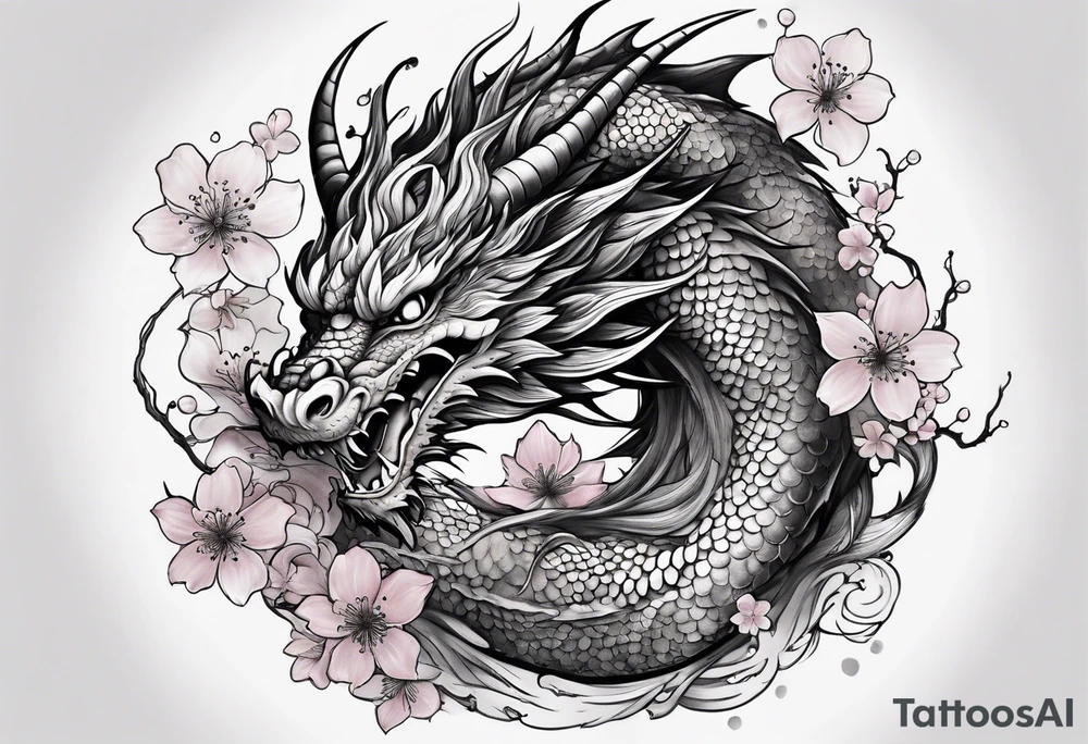 dragon with  cherry blossoms  and soot sprites tattoo idea