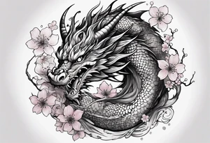 dragon with  cherry blossoms  and soot sprites tattoo idea