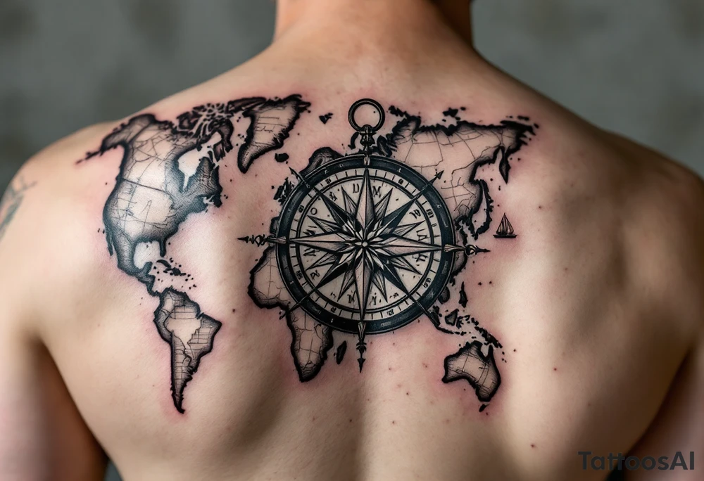 antique compass rose overlaid on weathered world map with sailing ships tattoo idea