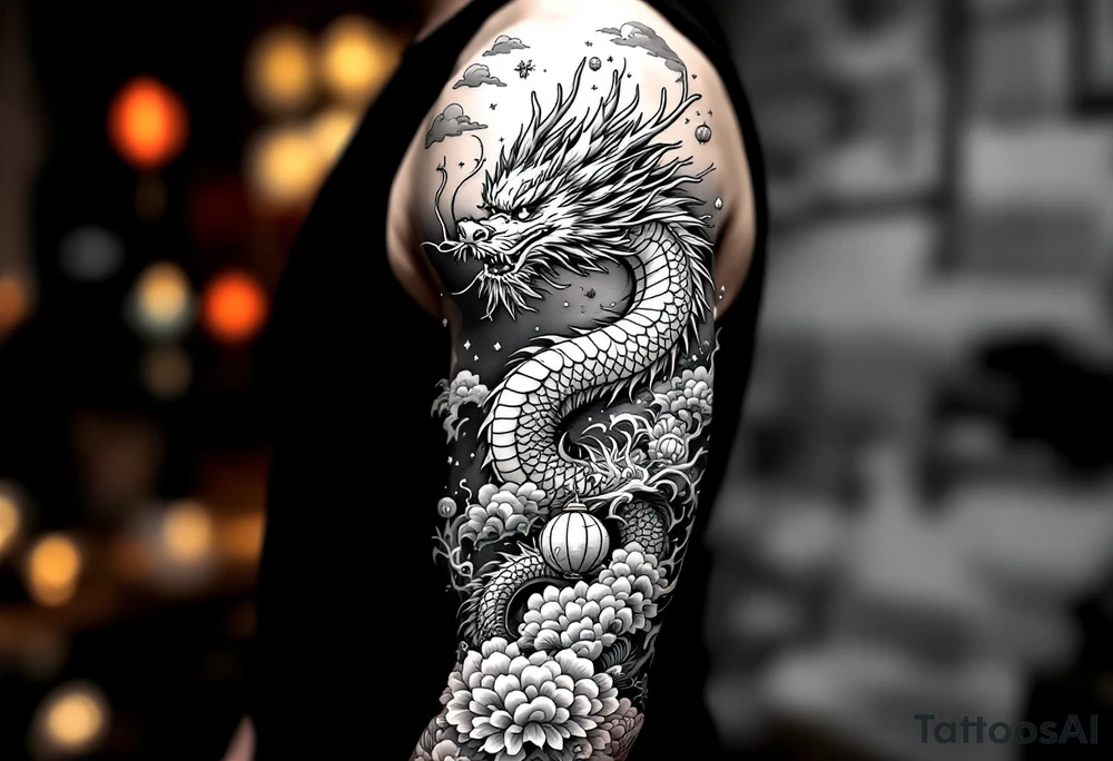 Chinese dragon flying towards the sky surrounded by chinese lanterns tattoo idea