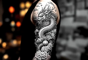 Chinese dragon flying towards the sky surrounded by chinese lanterns tattoo idea