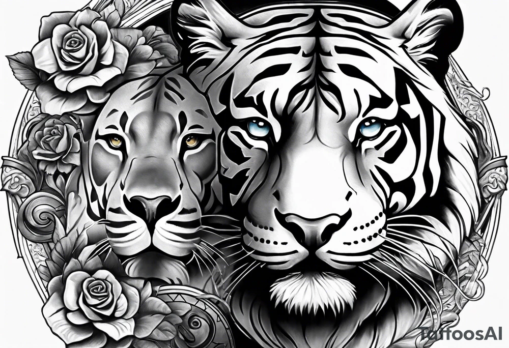 King tiger on top of Hour glass with Brain and heart inside
Full detailed sleeve tattoo idea