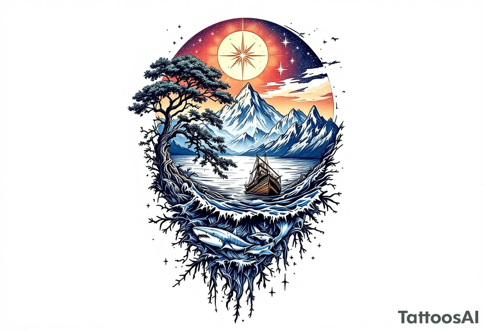 tattoo that has an acacia tree with mountains, ocean with a ship wreck with sharks and the northern star tattoo idea