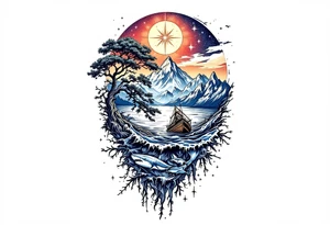 tattoo that has an acacia tree with mountains, ocean with a ship wreck with sharks and the northern star tattoo idea