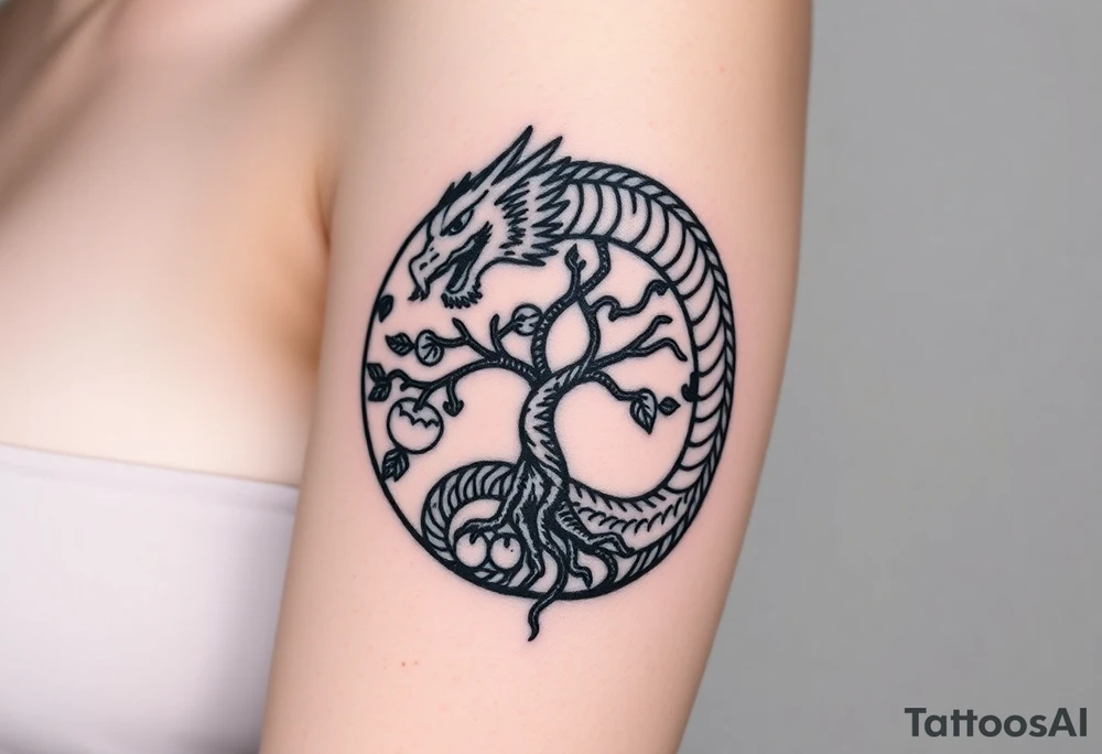 a dragon forming a circle with its body.  the dragon encircles the tree of life.   the tree of life has fruit  and the dragon is eating the fruit. the roots of the tree are strangling the tail of the dragon tattoo idea