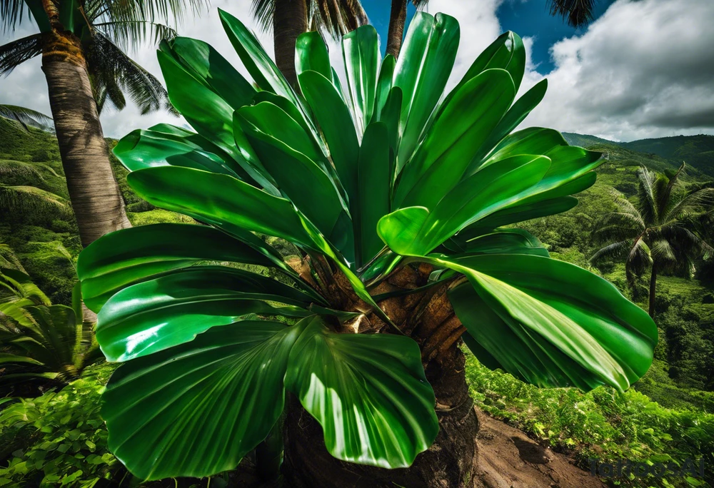 Tattoo: A striking Gachala emerald sits at the base of a tall quindio wax palm, which grows resiliently from cracks in rugged, rocky soil. The emerald is the main focal point, symbolizing strength and endurance, while the wax palm, rooted in the soil’s crevices, represents growth and resilience. A small water stream flows gently from the rocks, adding an element of life and nourishment. Style: Tribal. tattoo idea