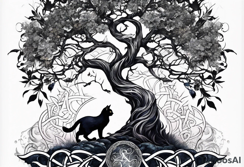 world tree with a cat and a raven and knotwork upper arm tattoo tattoo idea