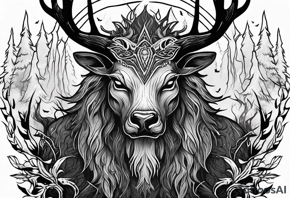 A spooky dead lore accurate wendigo surrounded by a forest fire in background tattoo idea