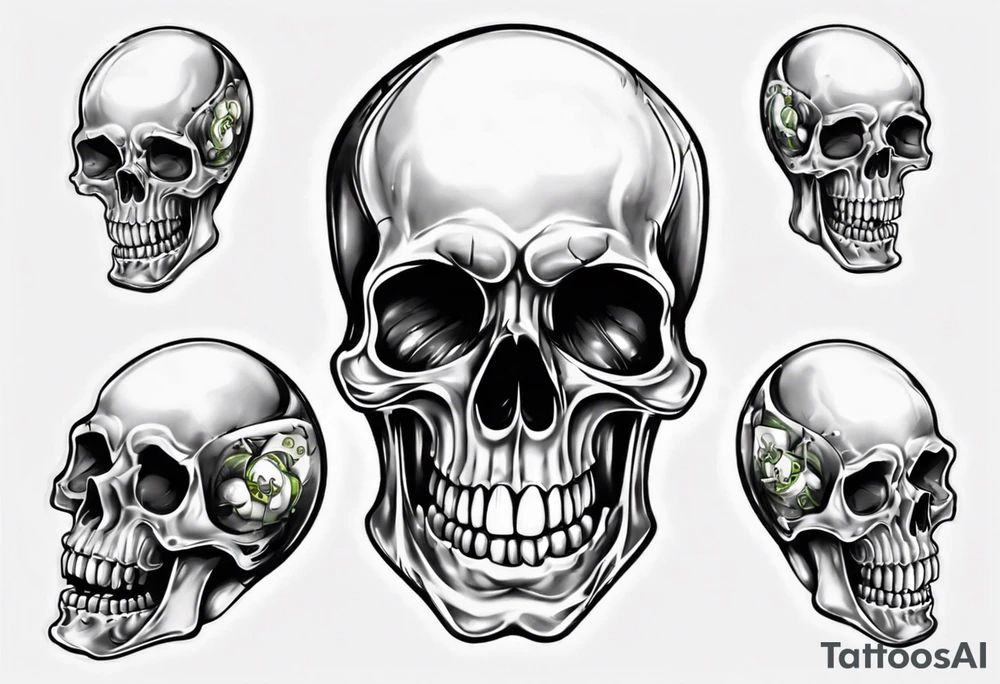 A smiling looking to the left scull inside the glass with alcohol and piece of lime tattoo idea