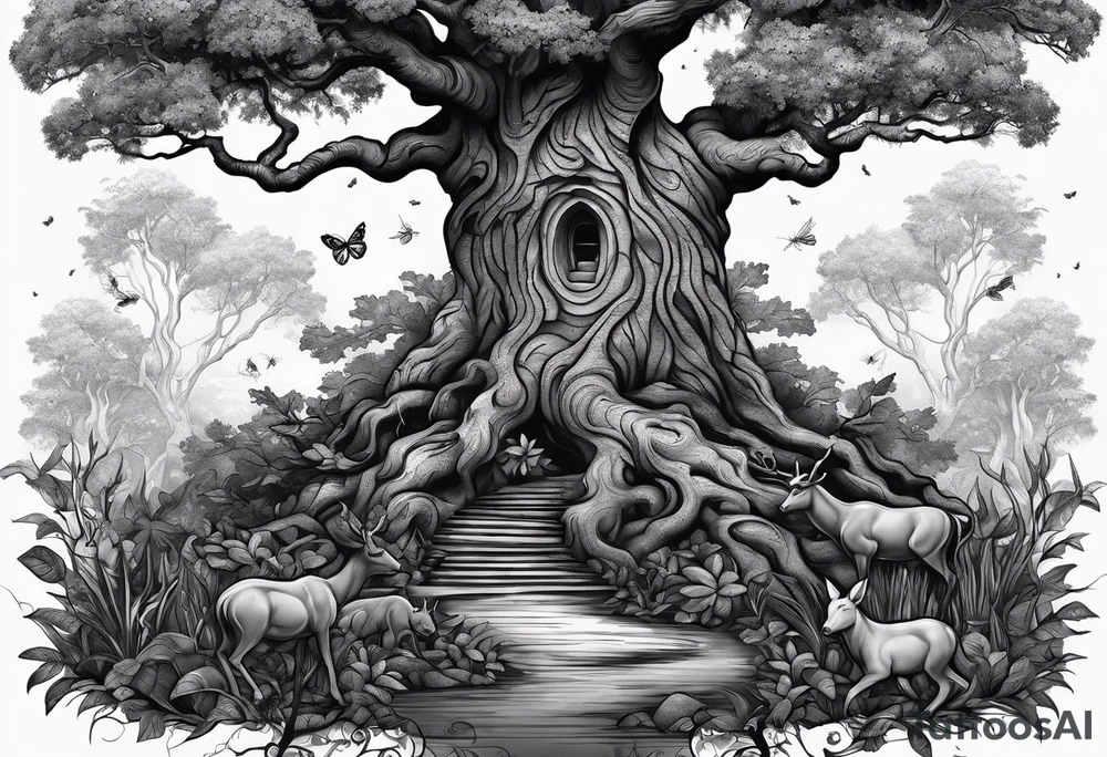 A half sleeve tattoo composed of a detailed African oak tree with bark, animals, branches, leaves, roots, and insects. tattoo idea