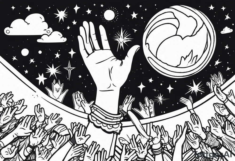 Crowd with hands up popping out of earth in space with throne of God tattoo idea