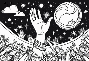 Crowd with hands up popping out of earth in space with throne of God tattoo idea